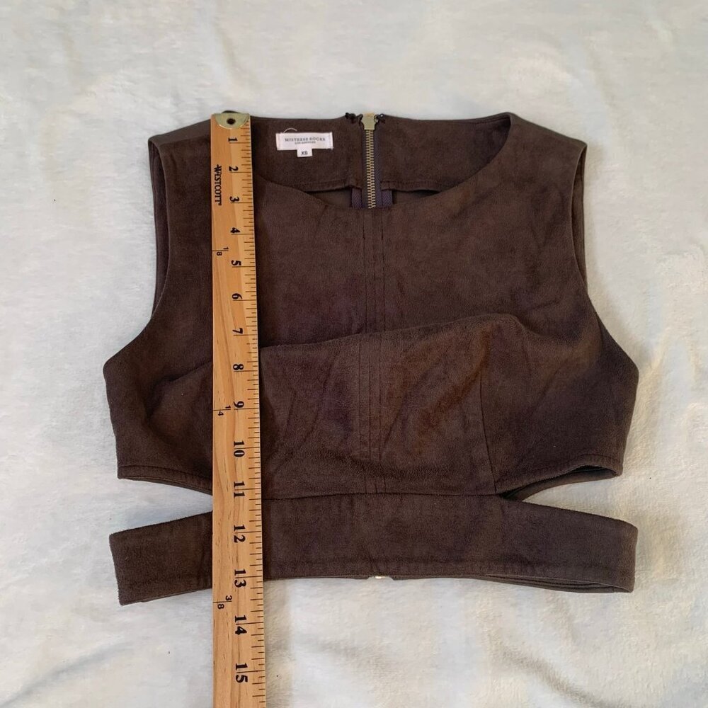 Mistress Rocks Crop Top Women XS Brown Faux Suede Cut Out Sleeveless Zip Back - Picture 8 of 8
